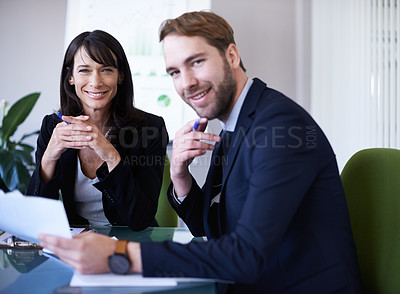 Buy stock photo Business people, teamwork and portrait in meeting with documents for financial review, data analytics and discussion. Collaboration, man and woman in boardroom with infographic feedback and happiness