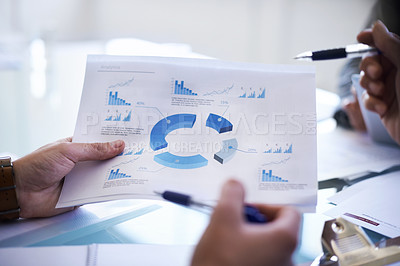Buy stock photo Hands, paperwork and graphs statistics for business meeting with chart analytics for company, growth or finance. People, documents and trading research for strategy review, summary or brainstorming