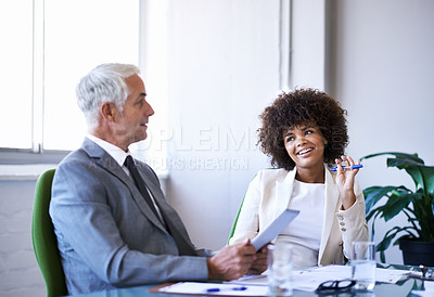 Buy stock photo CEO, team and business people in training with tablet, teaching and internship in office. Manager, tech and senior mentor coaching happy woman, planning or diverse financial consultants in discussion