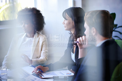 Buy stock photo Business people, teamwork and meeting with discussion in office for corporate planning, infographic and diversity. Professional, employees and data analytics in boardroom with reflection or listening