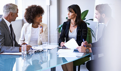 Buy stock photo Business, employees and discussion in conference room for strategy or collaboration for planning, partnership and conversation. Boardroom, corporate people and reports for b2b meeting for company.