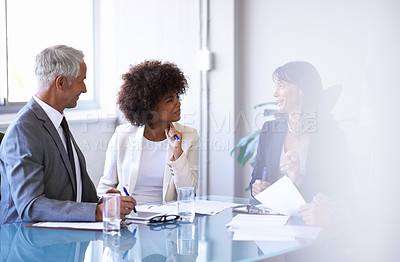 Buy stock photo Corporate, people and discussion in conference room for strategy or collaboration for planning, partnership and conversation. Boardroom, business employees and reports for b2b meeting for company.