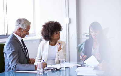 Buy stock photo Business, people and discussion in conference room for strategy or collaboration for planning, partnership and conversation. Boardroom, corporate employees and reports for b2b meeting for company.
