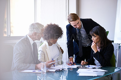 Buy stock photo Corporate, employees and meeting in conference room for strategy or collaboration for planning, partnership and conversation. Boardroom, business people and reports for b2b discussion for company.