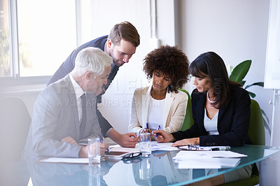 Buy stock photo Business people, collaboration and meeting with brainstorming in office for financial review, feedback and diversity. Professional, employees and teamwork in boardroom with lens flare and strategy