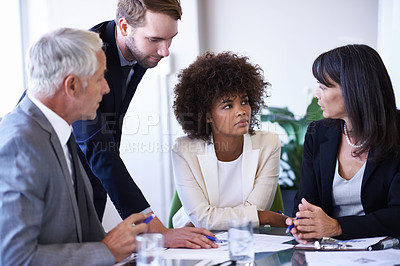 Buy stock photo Business people, teamwork and meeting with brainstorming in office for financial review, documents and diversity. Professional, employees and collaboration in boardroom with feedback or communication