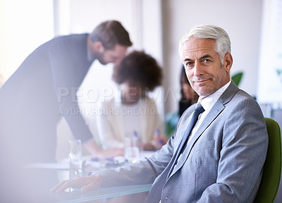 Buy stock photo Portrait, CEO or brainstorm in business, meeting or planning of company, strategy or teamwork. Businessman, executive or team in conference room as professional, collaboration or conversation