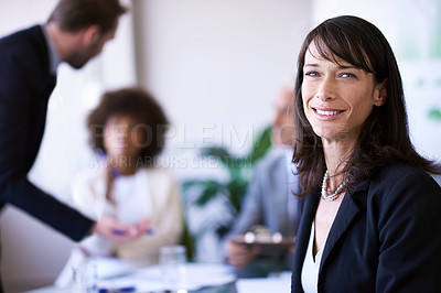 Buy stock photo Professional, business people and woman in a meeting, portrait or startup with planning and teamwork. Face, consultant or legal team for a company or attorney with expert and lawyer with executive