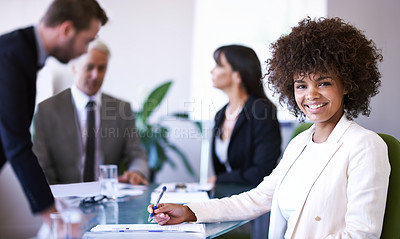 Buy stock photo Boardroom, portrait and woman with smile, writing and notebook for intern in workplace of company. Corporate, female person and girl with happiness for job in business, employee and staff in office