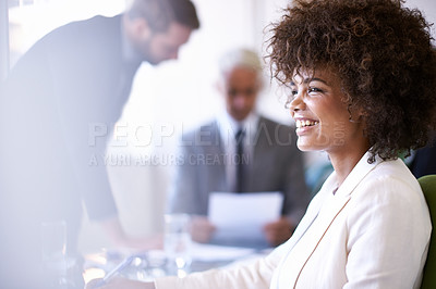 Buy stock photo Business meeting, documents and smile of woman, employee and staff in boardroom with HR. Corporate, worker and female person happy with contract by boss of company, professional and confident