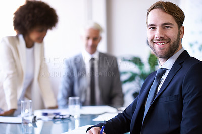 Buy stock photo Meeting, portrait and loan for business, man and entrepreneur in bank for startup cashflow. Agreement, male person and owner of company with smile for executive with employee of reserve for finance