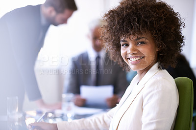 Buy stock photo Happiness, employee and black woman with smile in office, portrait and business meeting for training. Worker, staff and female person in corporate company in career or job of bookkeeper in workplace