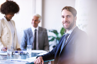 Buy stock photo Meeting, employee and portrait of man with smile for new job or career in corporate company and office. Contract, paperwork and male person with happiness to sign for agreement to work in workplace