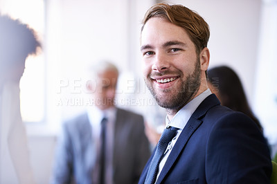 Buy stock photo Portrait, smile and business man in boardroom of office for meeting, planning or corporate teamwork. Face, company and career with happy young employee in professional workplace for collaboration