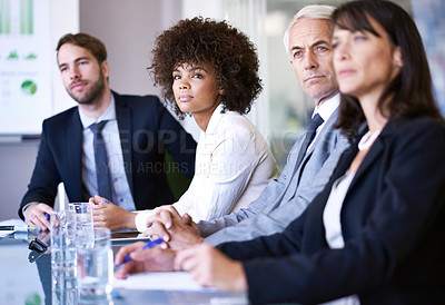 Buy stock photo Boardroom, listening and business people in a meeting, planning or teamwork with idea or feedback. Staff, group or legal aid with attorney or conversation for brainstorming, corporate or professional