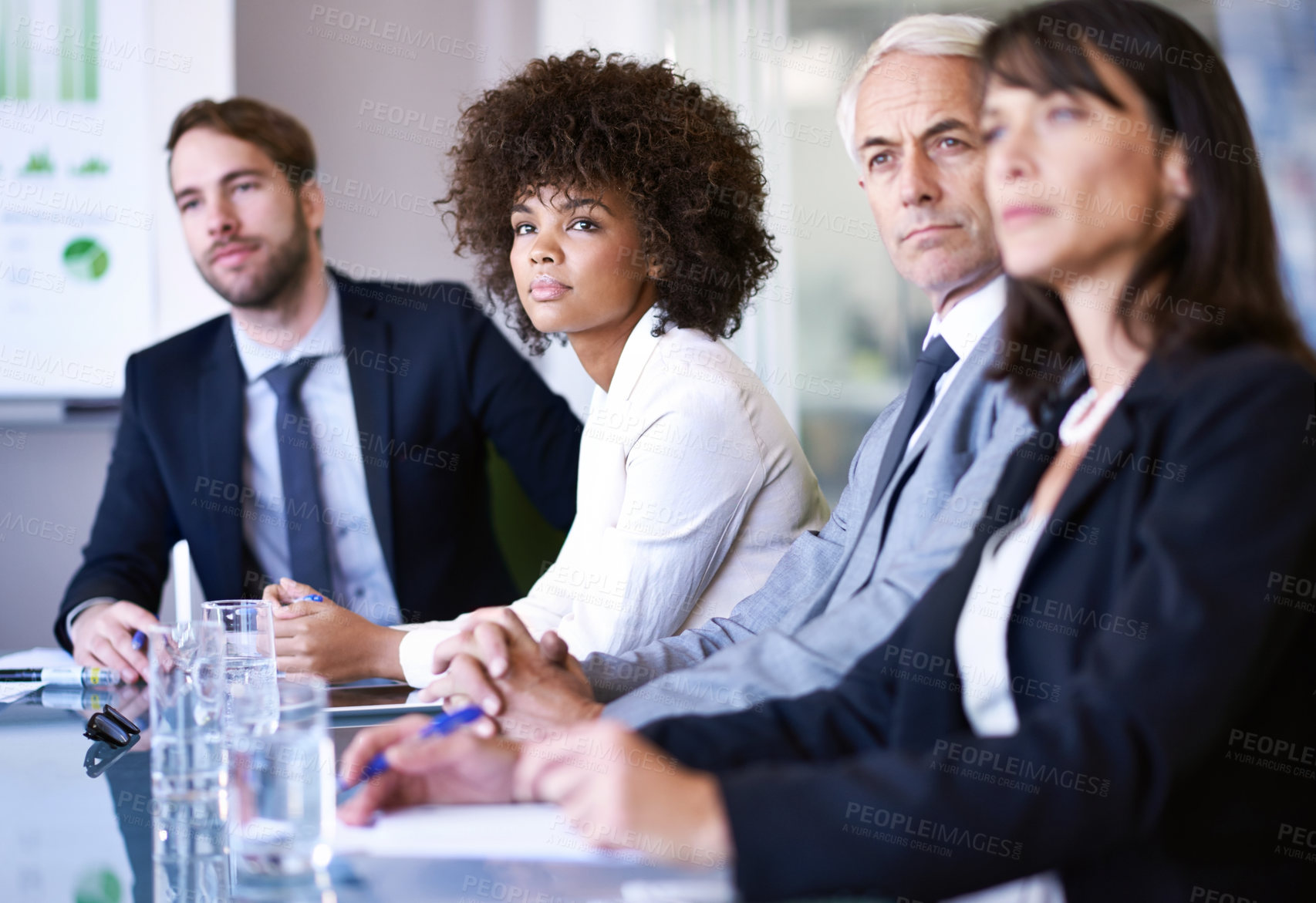 Buy stock photo Boardroom, listening and business people in a meeting, planning or teamwork with idea or feedback. Staff, group or legal aid with attorney or conversation for brainstorming, corporate or professional