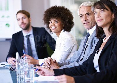 Buy stock photo Boardroom, group and business people in a meeting, planning and teamwork with brainstorming and feedback. Staff, accountant and broker with financial adviser and ideas with professional and corporate