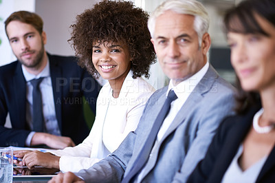 Buy stock photo Portrait, woman or smile in business, meeting or workshop of company, corporate or collaboration. Businesswoman, colleague or team in conference room as professional, teamwork or communication