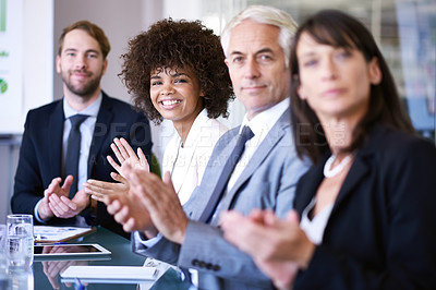 Buy stock photo Portrait, woman or clapping in business, workshop or meeting of company, corporate or training. Businesswoman, applause or team in conference room as professional, presentation or communication
