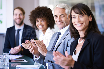 Buy stock photo Portrait, people or clapping in business, workshop or meeting of company, corporate or training. Businesspeople, applause or smile in conference room as professional, presentation or communication