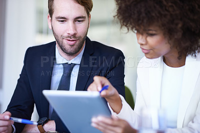 Buy stock photo Business, meeting and brainstorming with diversity, tablet and technology in office. Businessman, woman and group for teamwork, planning and support for corporate discussion with staff or partnership