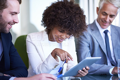 Buy stock photo Business, meeting and coaching with diversity, tablet and technology in office. Businessman, woman and mentor with teamwork, planning and support for corporate brainstorming with staff or partnership