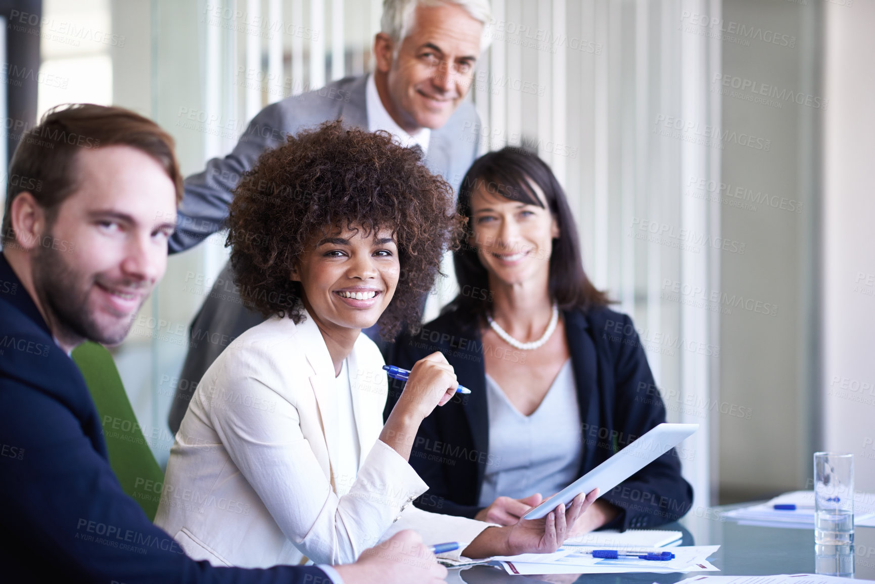 Buy stock photo Team, tablet and portrait of happy business people in meeting for brainstorming strategy in office. Collaboration, technology and face of diverse group planning project, CEO or consultants together