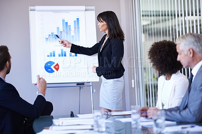 Buy stock photo Business people, woman and presentation or conference on data analytics with white board, financial statistics or sales. Meeting, employees or speaker with infographics, graph report or collaboration