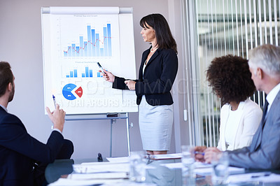 Buy stock photo Business people, woman and presentation or teamwork on infographics with white board, financial statistics and sales. Meeting, employees and speaker with data analytics, graph report and revenue plan