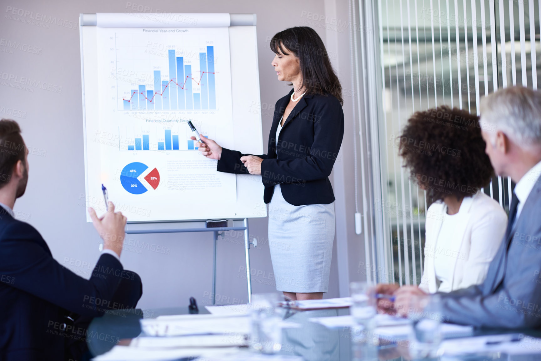 Buy stock photo Business people, woman and presentation or teamwork on infographics with white board, financial statistics and sales. Meeting, employees and speaker with data analytics, graph report and revenue plan