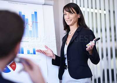 Buy stock photo Business people, woman and presentation or happiness for infographics with white board, financial statistics and sales. Meeting, employees or speaker with data analytics, graph report or revenue plan