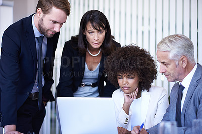 Buy stock photo Business, meeting or coaching with diversity, laptop and technology in office. Businessman, woman and mentor with teamwork, planning and support for corporate brainstorming with staff or partnership