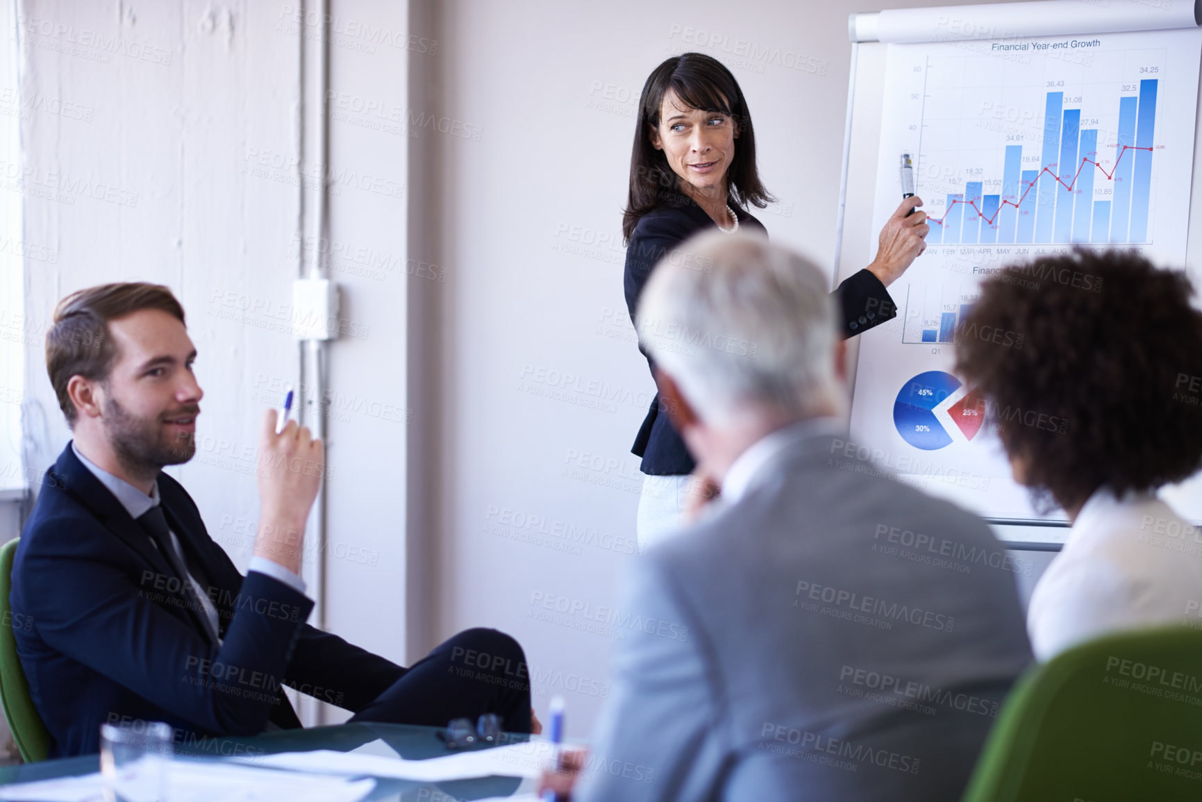 Buy stock photo Business people, team and presentation or conference on infographics with white board, financial statistics and sales. Meeting, employees or speaker with data analytics, graph report and revenue plan