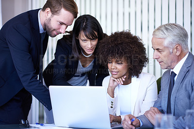 Buy stock photo Business, planning and discussion with diversity, laptop and technology in office. Businessman, woman and team with teamwork, meeting and support for corporate brainstorming with staff or partnership