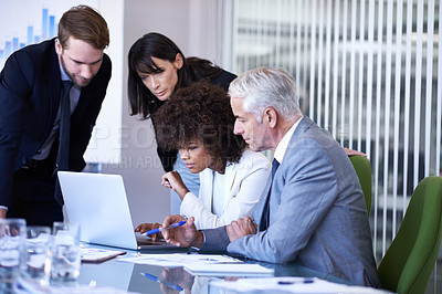 Buy stock photo Business, strategy and discussion with diversity, laptop and technology in office. Businessman, woman and team for teamwork, planning and support for corporate brainstorming with staff or partnership