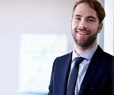 Buy stock photo Business, smile and portrait with man, startup and professional with confident employee and ambitious worker. Face, person and entrepreneur in a suit, formal and happy consultant in a modern office