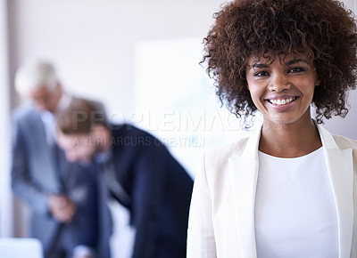 Buy stock photo Woman, smile and portrait in office for business meeting, corporate job or seminar in boardroom. African girl, confidence and entrepreneur with pride for career, startup or conference in workplace