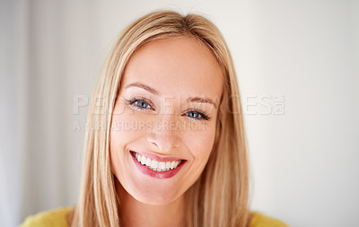 Buy stock photo Happy, portrait and woman in a house with positive attitude, confidence and feel good mood on wall background. Face, smile and female person cheerful on vacation, holiday or day off in a  living room