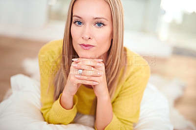 Buy stock photo Portrait, woman and thinking in home, relax on floor with thoughtful serious and calm female person. Weekend break, lounge carpet and living room, chilling and comfortable or resting and pensive face