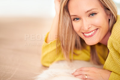 Buy stock photo Portrait, home and relax with smile, woman and happiness with peace and casual outfit with humor. Face, person and girl with weekend break or calm with apartment and joyful with vacation or confident