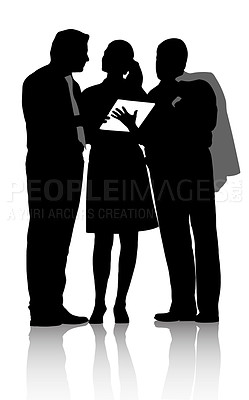 Buy stock photo Silhouette, discussion or business people with document by white background or teamwork on project. Graphic, men and women for brainstorming in startup company and collaboration in corporate career