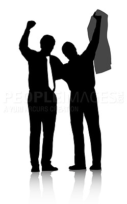 Buy stock photo Abstract, silhouette and winner business people isolated on white background for work. Art, success or motivation with icon of colleague men cheering victory for professional career or occupation