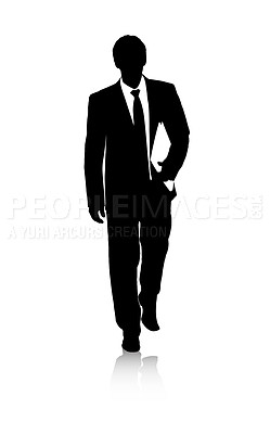 Buy stock photo Silhouette, business man or walking by white background with file, professional or working in graphic. Accountant, financial documents or auditing in illustration or paperwork in abstract in startup