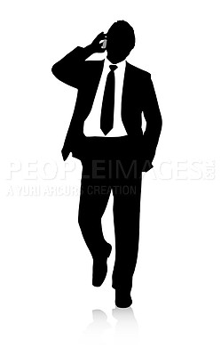 Buy stock photo Silhouette, businessman and phone call by white background for networking and communication for deal. Lawyer, smartphone or talking of law case to client, advice or professional in legal consultation