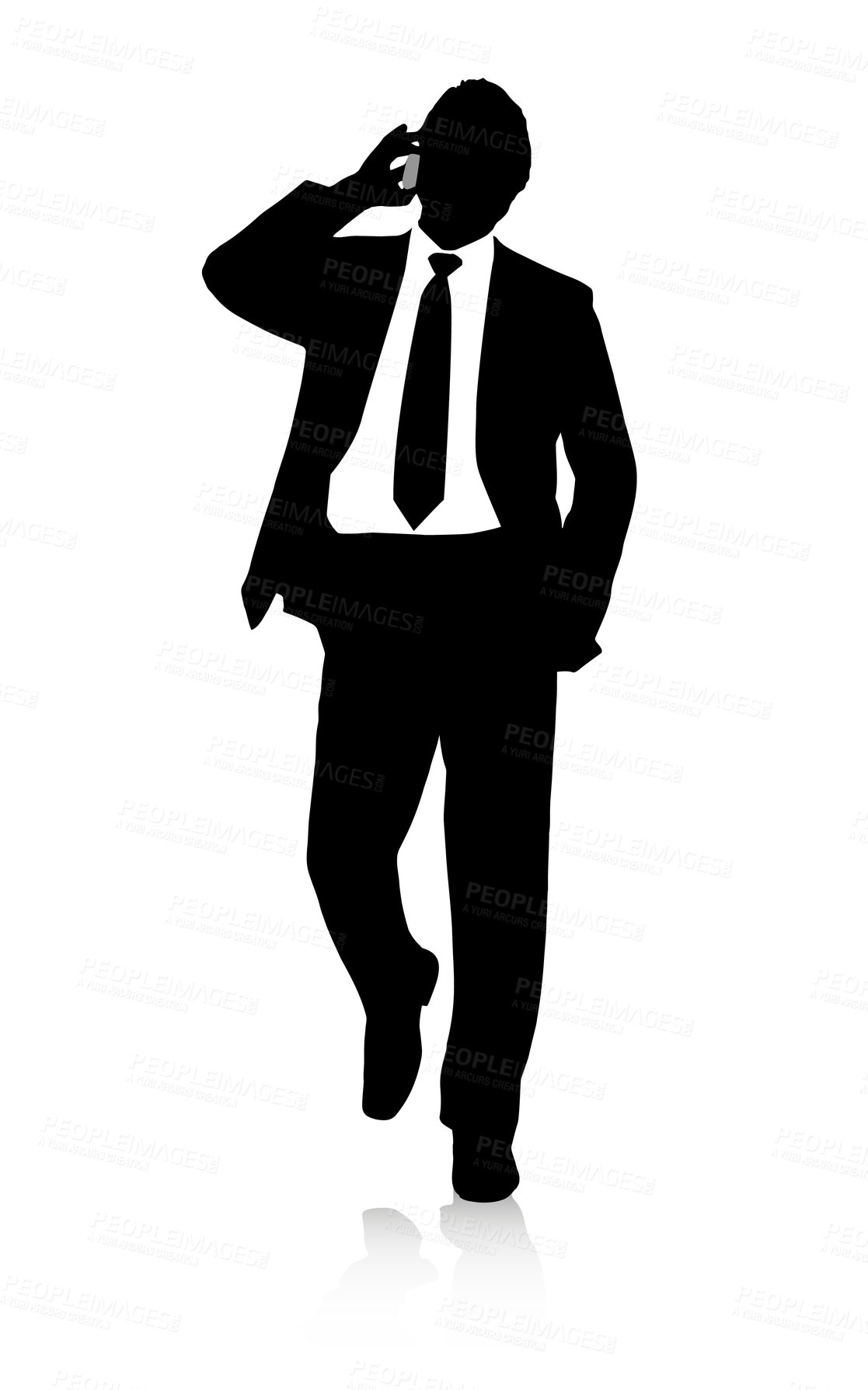 Buy stock photo Silhouette, businessman and phone call by white background for networking and communication for deal. Lawyer, smartphone or talking of law case to client, advice or professional in legal consultation