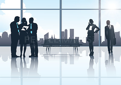 Buy stock photo Vector shot of the silhouettes of two groups of businesspeople against a city scape