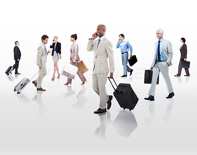 Buy stock photo Suitcase, phone call and business people in white background, walking and professional with luggage for work. Employees, men and women rushing to trip, connecting and communicating with mobile