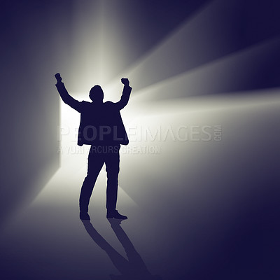 Buy stock photo Abstract, silhouette and businessman in studio for celebration for good news or promotion. Illustration, light and shadow of professional person cheering for winning or success by black background.