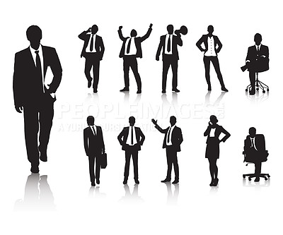 Buy stock photo Silhouette, working or business people in corporate job, professional or teamwork for achievement. Drawing, men and women or staff in startup company, travel and entrepreneurship by white backgrounds