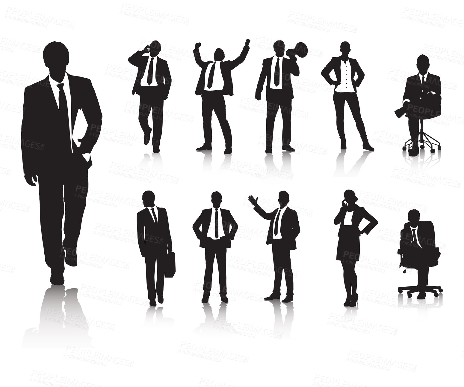 Buy stock photo Silhouette, working or business people in corporate job, professional or teamwork for achievement. Drawing, men and women or staff in startup company, travel and entrepreneurship by white backgrounds